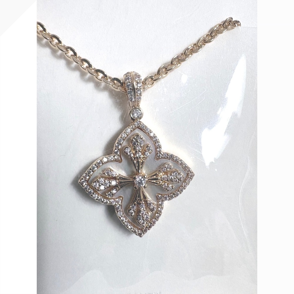 Mevecco Gold Tone Mother of Pearl Cubic Zirconia Quatrefoil Pendant Necklace